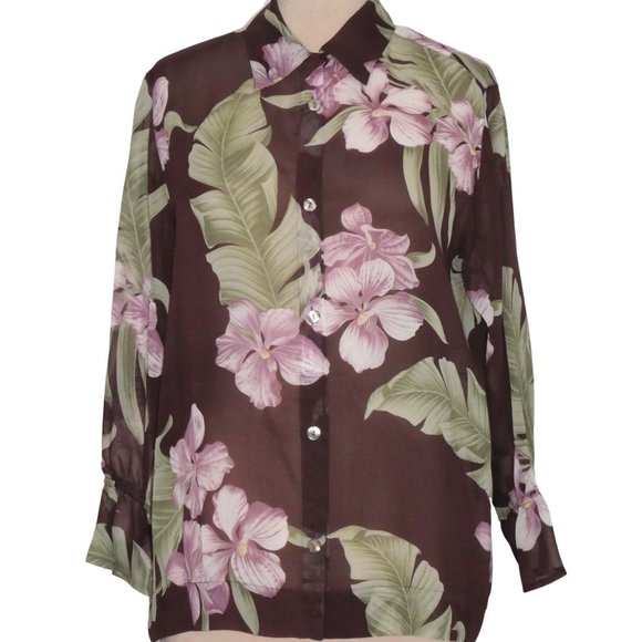TOMMY BAHAMA Palm Print Hawaiian Sheer Silk Blouse  Size 4-6 - Picture 1 of 9